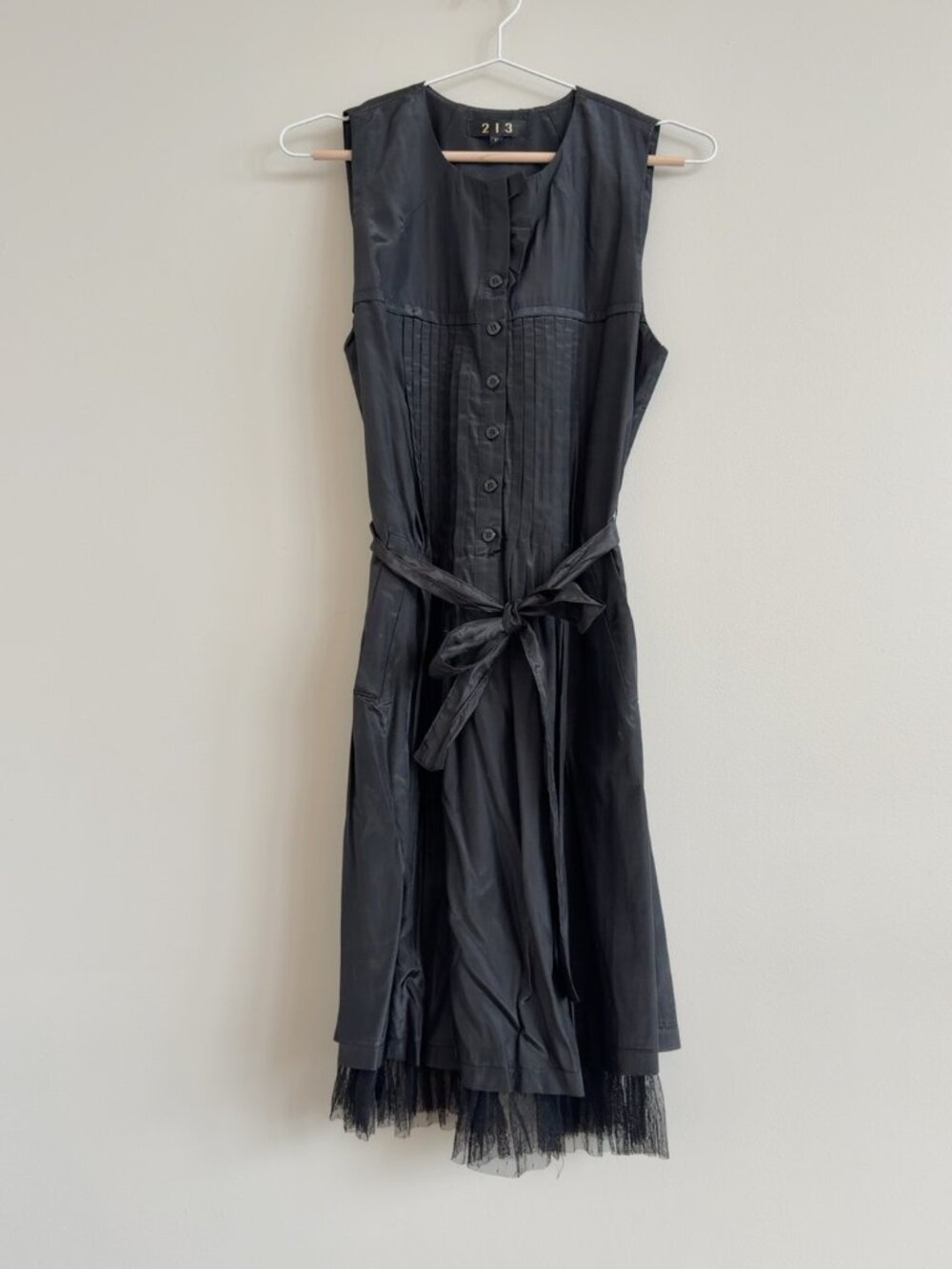 213 Black Satin Pintuck Tulle Midi Dress Belted Gothic M